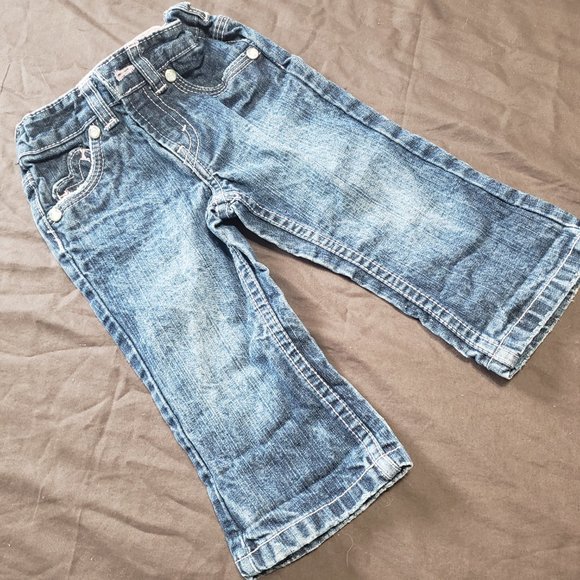 Levis Jeans Denim Straight Leg Heart Pockets Bejeweled Pink Stitching 12 Month - Picture 1 of 4